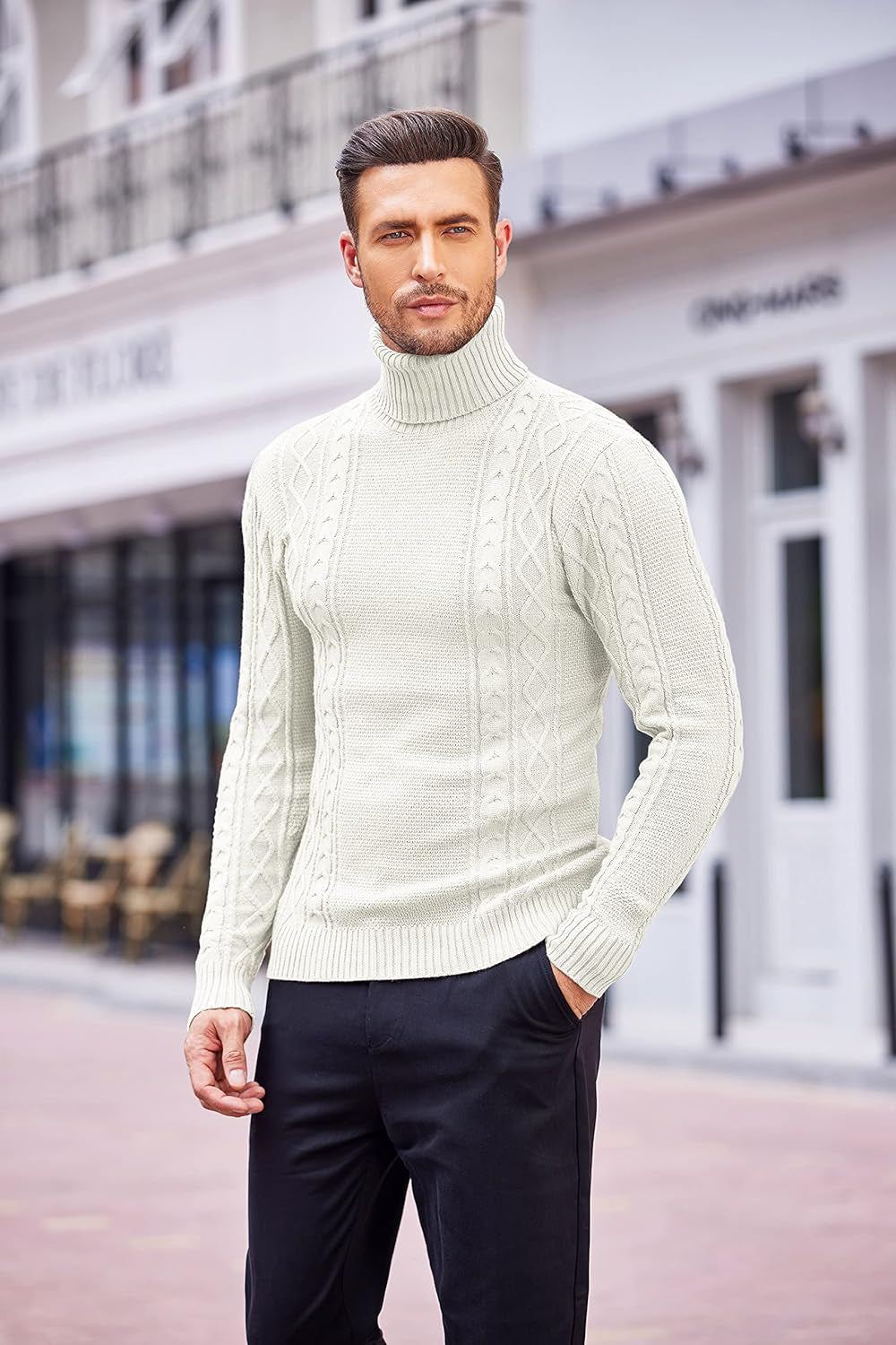 Men'S Slim Fit Turtleneck Sweater Casual Cable Knitted Pullover Sweaters
