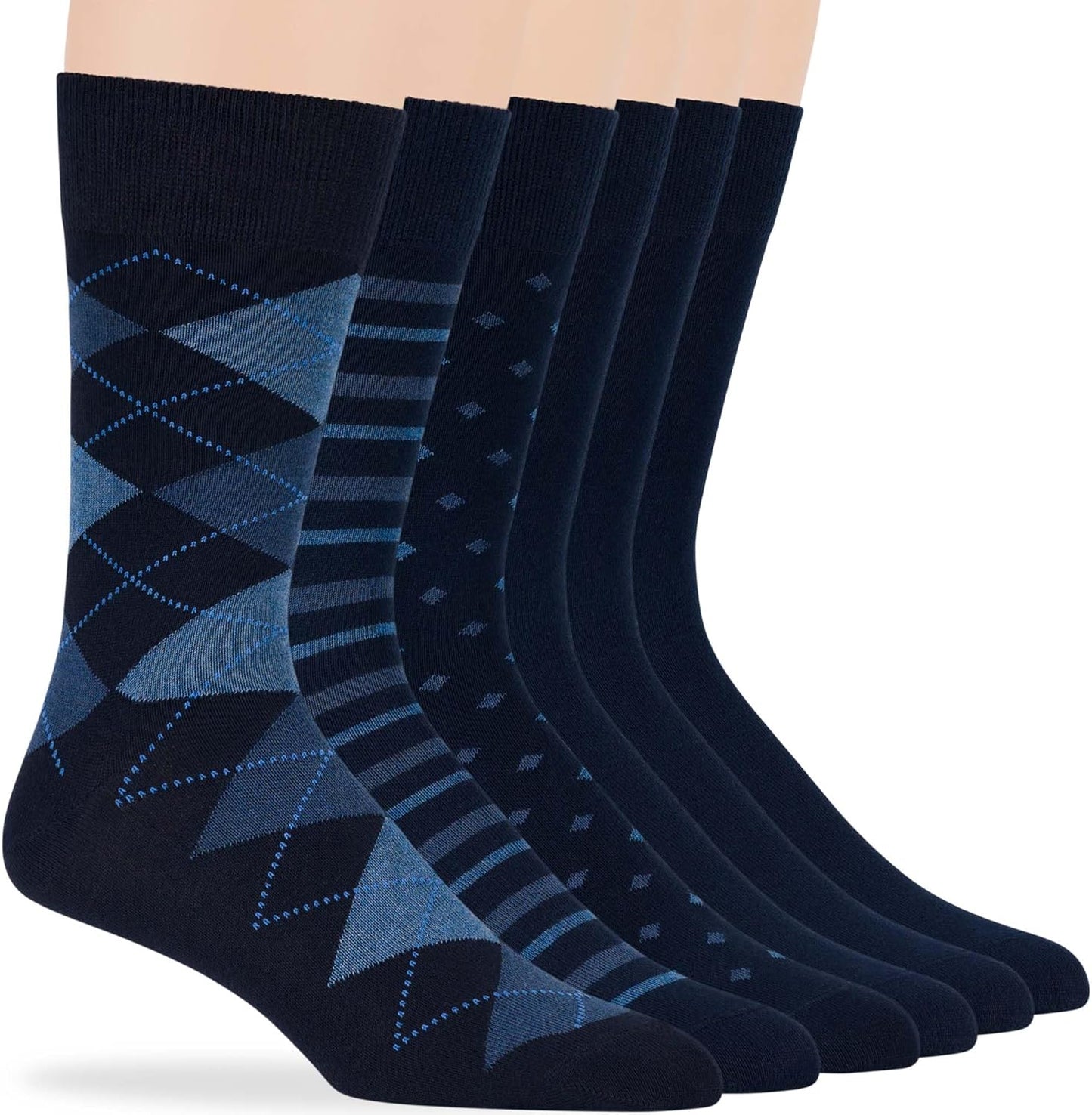 7Bigstars Men'S Cotton Dress Crew Socks -6 Pack-Argyle Stripes Dots-Large-Brown Blue Black Khaki Beige