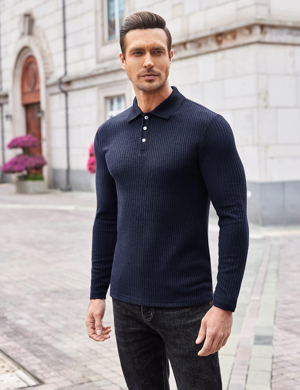 Men'S Stretch Muscle Tshirts Long Sleeve Knit Tees Casual Slim Fit Polo Shirts