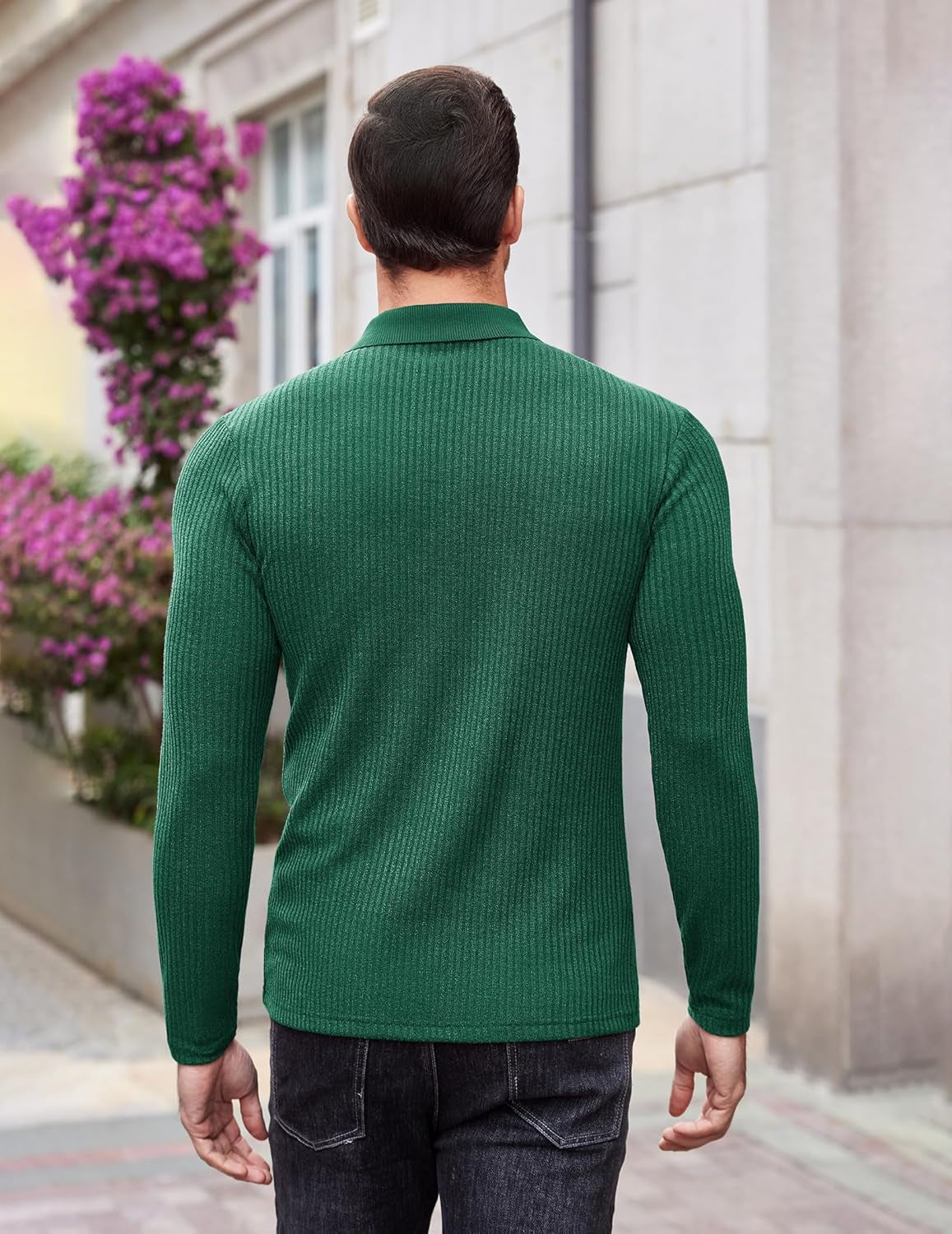 Men'S Stretch Muscle Tshirts Long Sleeve Knit Tees Casual Slim Fit Polo Shirts