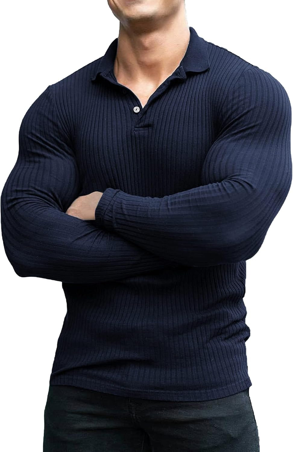 Men'S Stretch Muscle Tshirts Long Sleeve Knit Tees Casual Slim Fit Polo Shirts