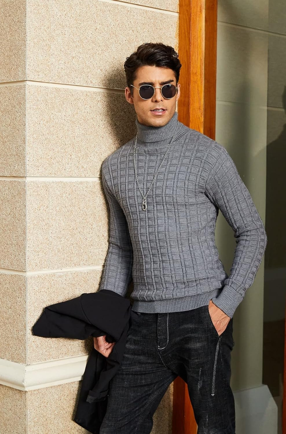 Men'S Slim Fit Turtleneck Sweater Casual Solid Waffle Knitted Pullover Sweaters