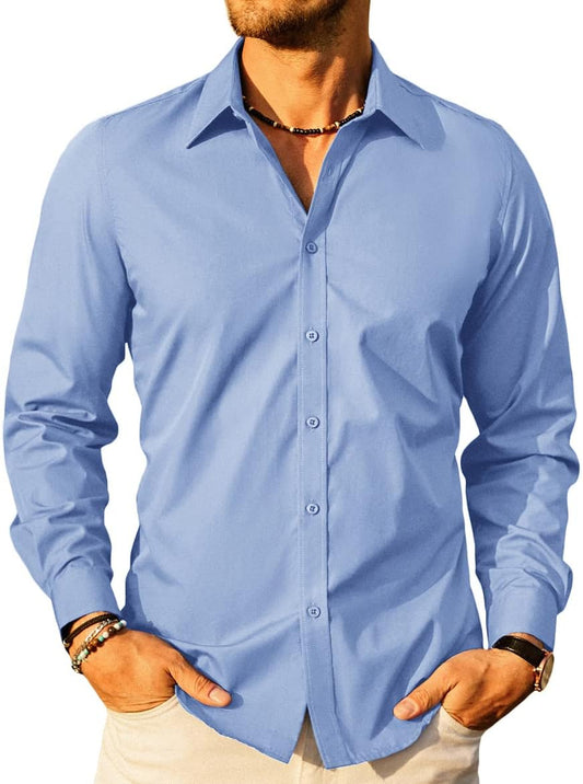 PAUL JONES Mens Sky Blue Dress Shirt Big and Tall Long Sleeves Business Casual Dress Shirt Blue 4XL