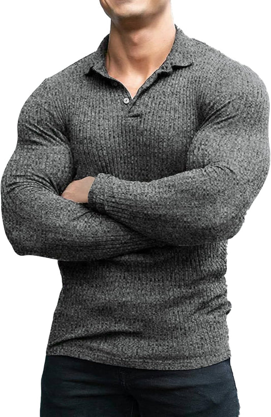 Men'S Stretch Muscle Tshirts Long Sleeve Knit Tees Casual Slim Fit Polo Shirts