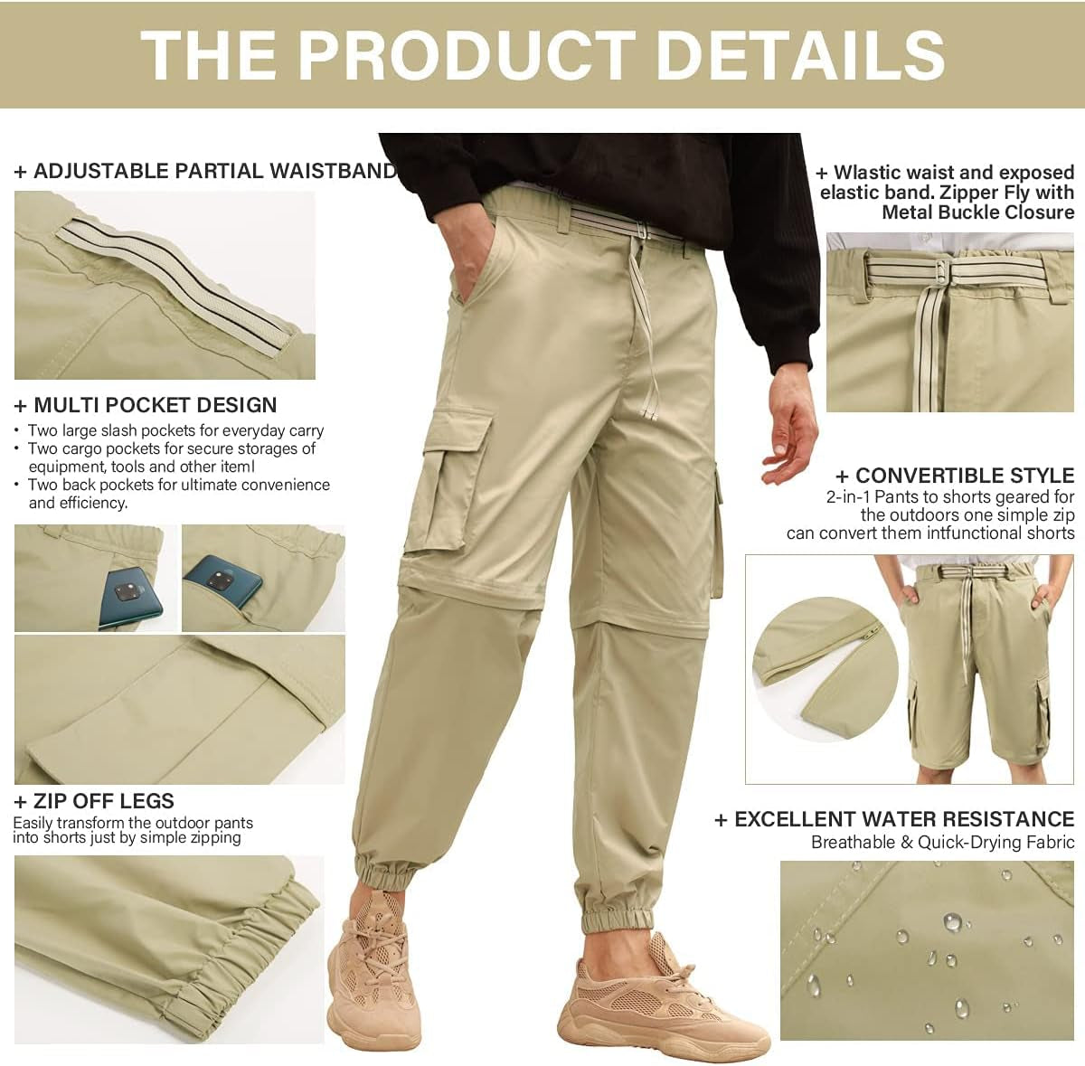 Men'S Convertible Hiking Pants Waterproof Quick Dry Zip off Ripstop Cargo Pants for Outdoor (Army Green, Medium)