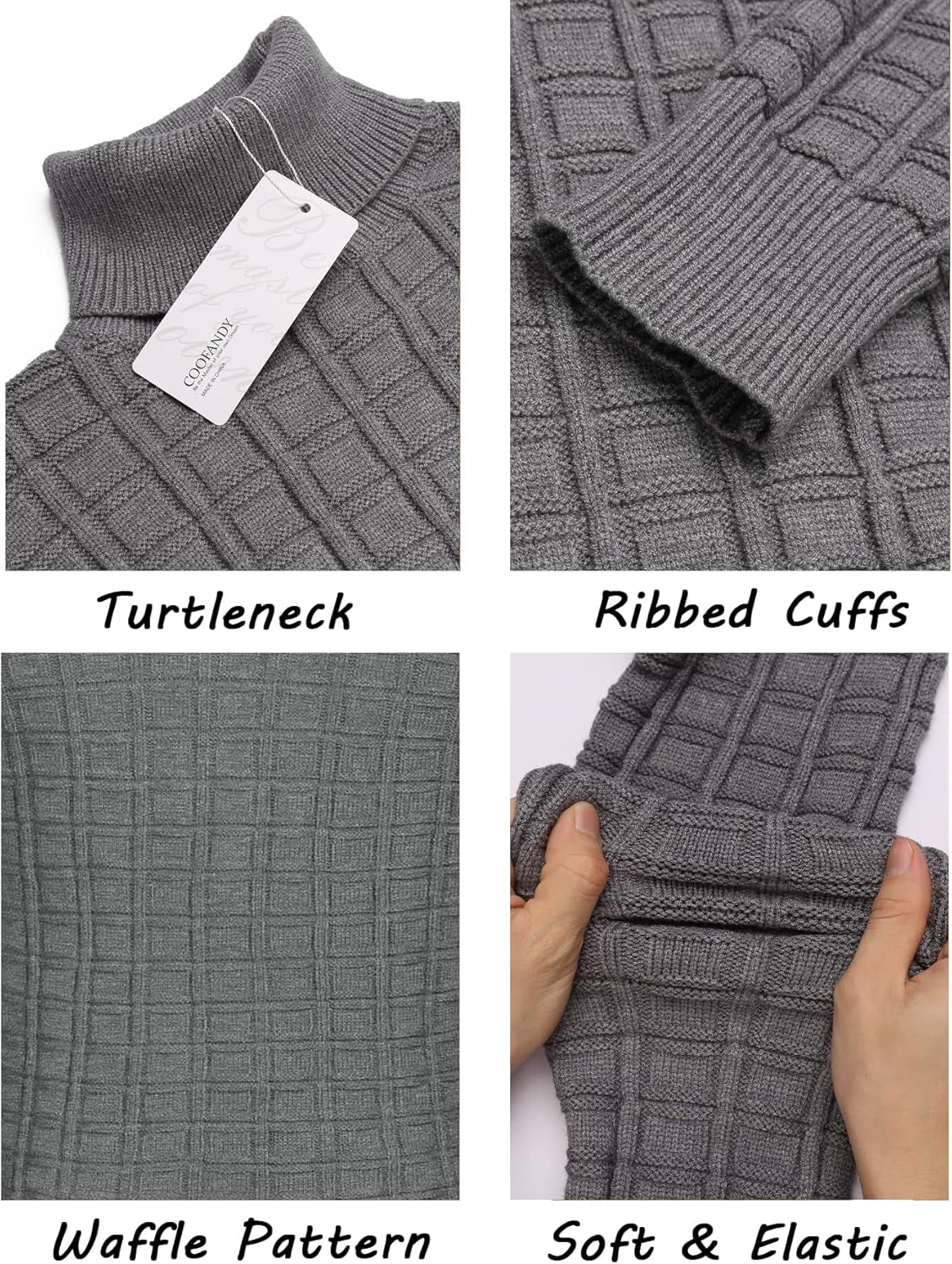 Men'S Slim Fit Turtleneck Sweater Casual Solid Waffle Knitted Pullover Sweaters