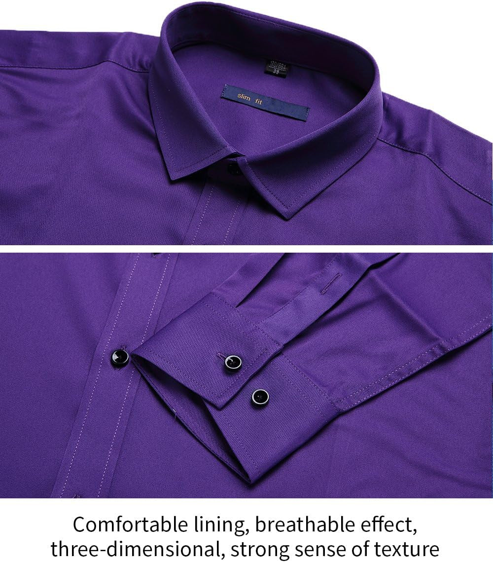 Mens Fiber Casual Button up Slim Fit Collared Formal Shirts, Purple, 15.5"Neck 33.5"Sleeve