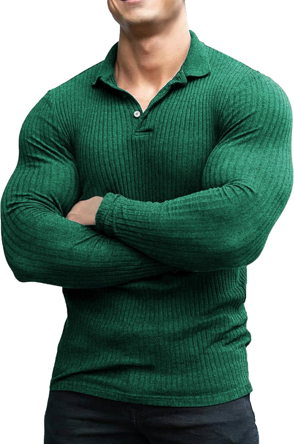 Men'S Stretch Muscle Tshirts Long Sleeve Knit Tees Casual Slim Fit Polo Shirts