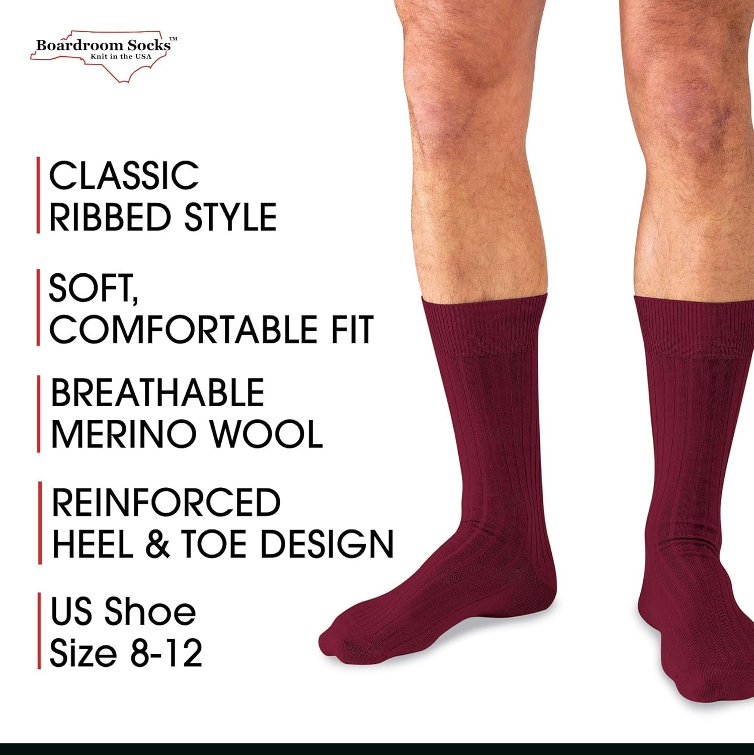 Merino Wool Mid-Calf Dress Socks for Men, Ribbed Dress Socks