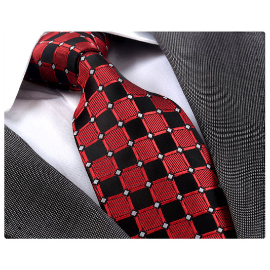 Red Black Squares Mens Designer Silk Necktie with Gift Box - Premium