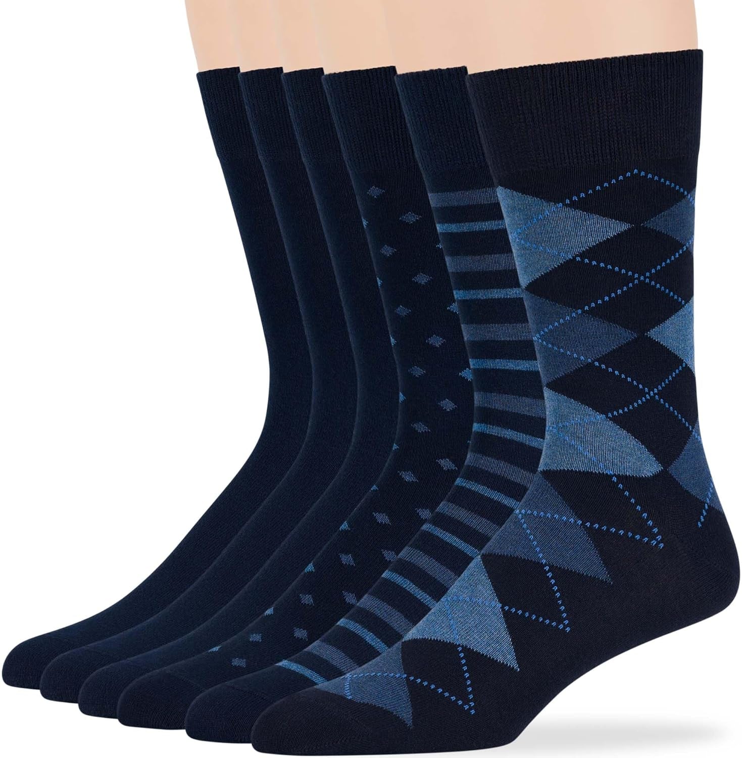 7Bigstars Men'S Cotton Dress Crew Socks -6 Pack-Argyle Stripes Dots-Large-Brown Blue Black Khaki Beige