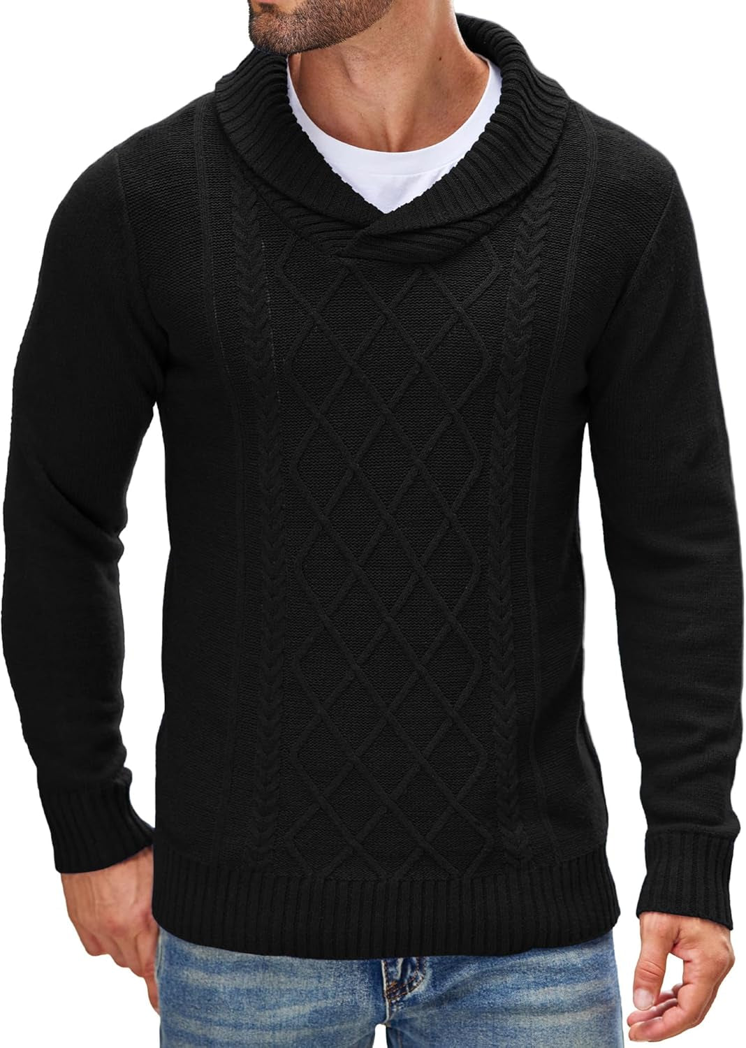 Men'S Shawl Collar Sweaters V-Neck Relaxed Fit Cable Pullovers