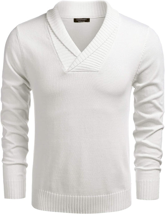 Mens V-Neck Pullover Sweater Casual Long Sleeve Knit Sweater White