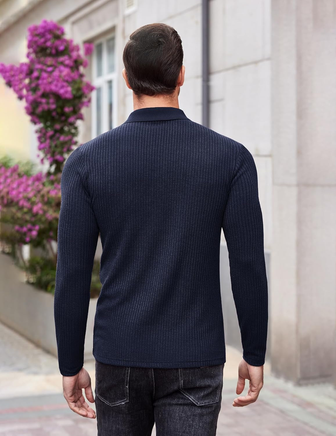 Men'S Stretch Muscle Tshirts Long Sleeve Knit Tees Casual Slim Fit Polo Shirts