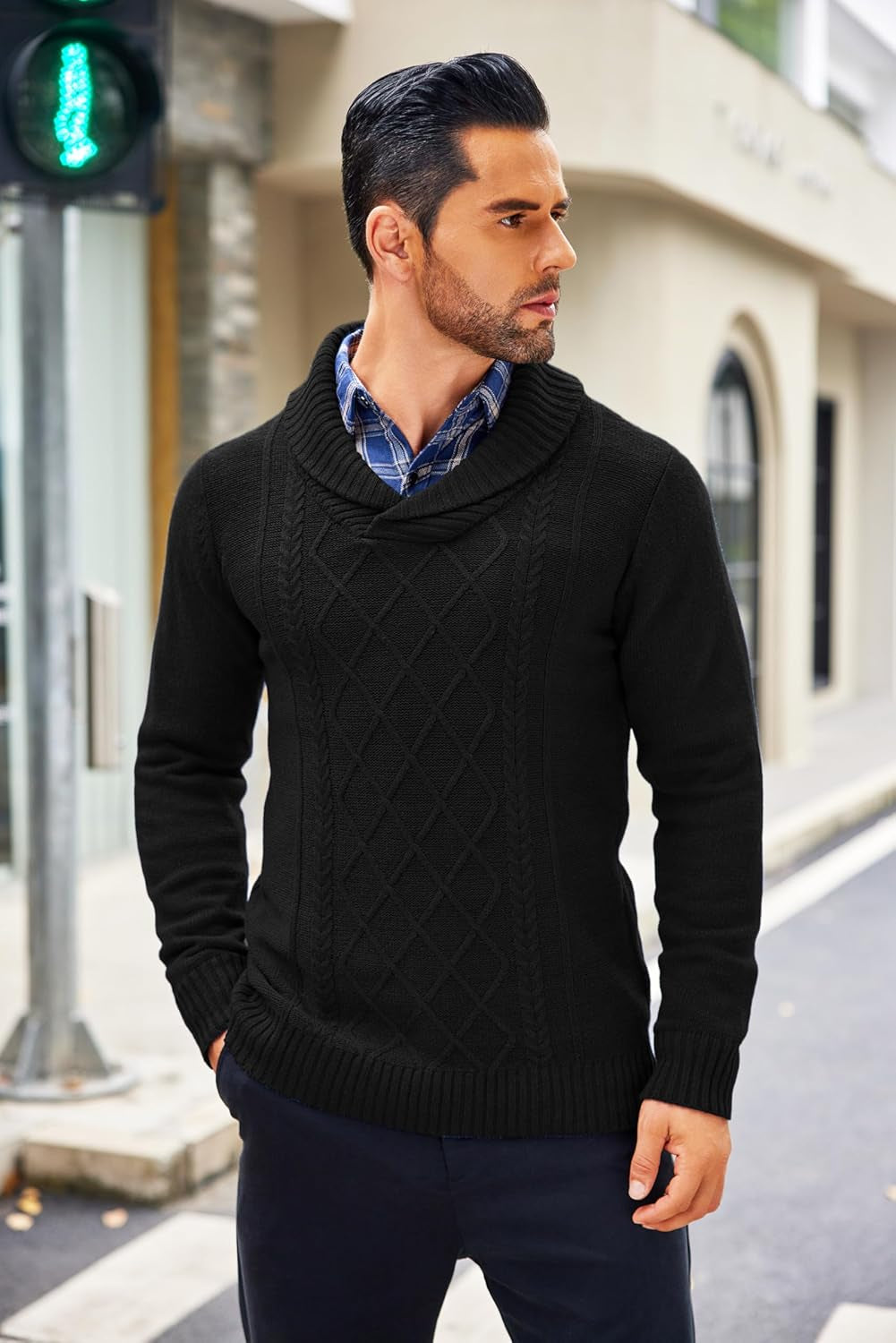 Men'S Shawl Collar Sweaters V-Neck Relaxed Fit Cable Pullovers