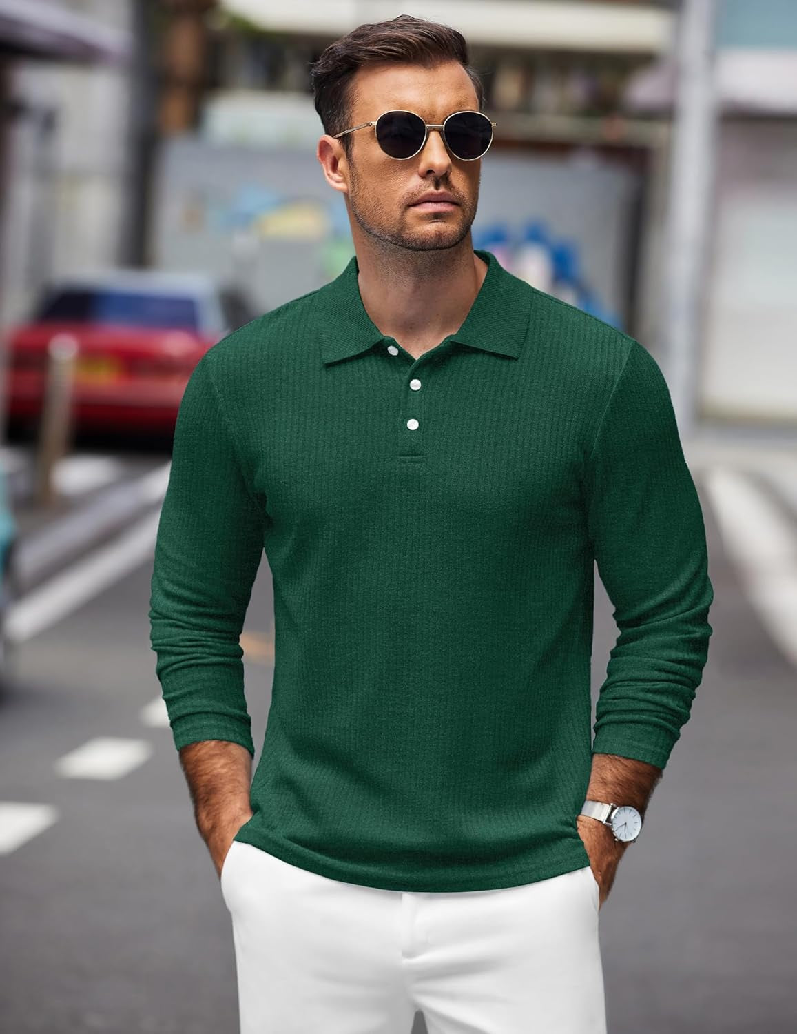 Men'S Stretch Muscle Tshirts Long Sleeve Knit Tees Casual Slim Fit Polo Shirts