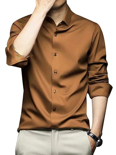 Men Regular Fit Full Sleeve Satin Silk Shirt (Size-M) (Color-BROWN)