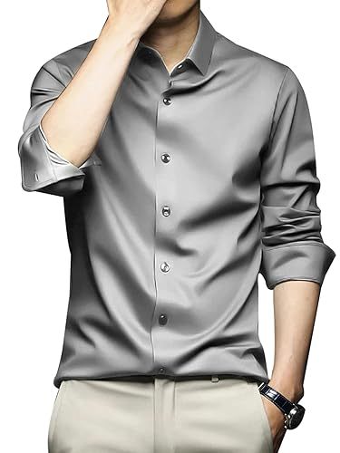 Men Regular Fit Full Sleeve Satin Silk Shirt (Size-M) (Color-GREY)